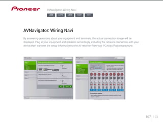 107 123 
AVNavigator: Wiring Navi 
LX88 LX78 LX58 1224 924 
AVNavigator: Wiring Navi 
By answering questions about your equipment and terminals, the actual connection image will be 
displayed. Plug in your equipment and speakers accordingly, including the network connection with your 
device then transmit the setup information to the AV receiver from your PC/Mac/iPad/smartphone. 
 