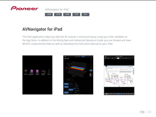 109 123 
AVNavigator for iPad 
LX88 LX78 LX58 1224 924 
AVNavigator for iPad 
This free application helps you with the AV receiver’s wiring and setup using your iPad, available on 
the App Store. In addition to the Wiring Navi and Interactive Operation Guide, you can browse and save 
MCACC measurement data as well as download the Instruction Manual on your iPad. 
 