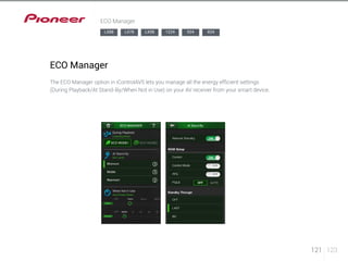 121 123 
ECO Manager 
LX88 LX78 LX58 1224 924 824 
ECO Manager 
The ECO Manager option in iControlAV5 lets you manage all the energy efficient settings 
(During Playback/At Stand-By/When Not in Use) on your AV receiver from your smart device. 
 