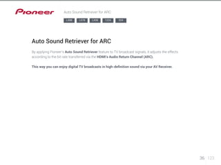 36 123 
Auto Sound Retriever for ARC 
LX88 LX78 LX58 1224 924 
Auto Sound Retriever for ARC 
By applying Pioneer’s Auto Sound Retriever feature to TV broadcast signals, it adjusts the effects 
according to the bit rate transferred via the HDMI’s Audio Return Channel (ARC). 
This way you can enjoy digital TV broadcasts in high-definition sound via your AV Receiver. 
 