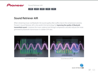 37 123 
Sound Retriever AIR 
LX88 LX78 LX58 1224 924 
Sound Retriever AIR 
When streaming music via Bluetooth, the sound quality often suffers due to the compression process. 
Pioneer’s Sound Retriever AIR is the world’s first technology for improving the quality of Bluetooth 
transmitted sound. It restores the music cadence lost through compression and also reduces the noise 
generated by Bluetooth transmission in a better S/N ratio. 
Sound Retriever AIR OFF Sound Retriever AIR ON 
 