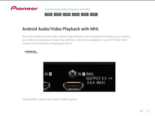 91 123 
Android Audio/Video Playback with MHL 
LX88 LX78 LX58 1224 924 824 
Android Audio/Video Playback with MHL 
One of the HDMI terminals is MHL (Mobile High-Definition Link) compatible and allows you to connect 
your Android smartphone or tablet. High-definition video can be displayed on your HDTV with multi-channel 
sound, while also charging your device. 
*Optional MHL cable (micro-USB to HDMI) required 
 