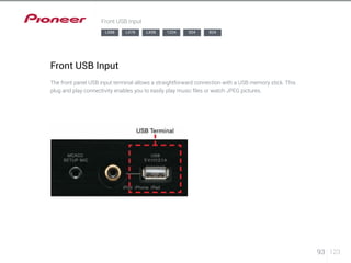 93 123 
Front USB Input 
LX88 LX78 LX58 1224 924 824 
Front USB Input 
The front panel USB input terminal allows a straightforward connection with a USB memory stick. This 
plug and play connectivity enables you to easily play music files or watch JPEG pictures. 
 