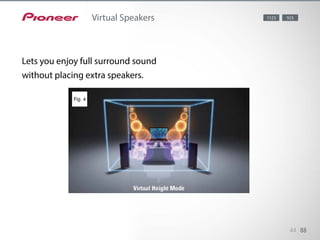 Pioneer’s Virtual Speakers feature lets you enjoy full surround sound without
placing extra speakers. By turning on Virtual Height, Virtual Surround Back,
and Virtual Wide modes, you can experience virtual 11.1-channel sound
from a 5.1-channel speaker setting. The sound field can be adjusted with in-
tuitive control on your iPod touch/iPhone/iPad or Android using the
iContolAV2012 application.
Virtual Height: If you want to experience vertically falling sound but can
not place front height speakers, there’s a perfect solution. Pioneer’s Virtu-
al Height mode (Fig. 4) creates a height sound image without front height
speakers, letting you enjoy enveloping virtual 7.1-channel sound from
5.1-channel speaker settings.
44 88
Virtual Speakers
Lets you enjoy full surround sound
without placing extra speakers.
1123 923
 