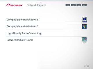 The AV receivers are compatible with Windows 7 and Windows 8, letting
you easily stream music, video, or photos from compatible PCs on your
home network. With Windows 8 you can use PlayTo to easily stream your
music. The Windows 8 PC will automatically recognize the receiver.
The AV receivers can stream high-quality audio formats with 96 or even 192
kHz sampling frequencies such as FLAC or WAV. Of course, MP3, WMA,
and MPEG4-AAC audio can also be enjoyed on your home network.
The AV receivers come with the vTuner for listening to a multitude of radio
programs from around the world on the internet. LAN connection
allows radio access without having to use your PC. You can easily browse
stations using the remote control. Various categories are available
on the vTuner database, offering limitless entertainment. You can even add
broadcast stations unavailable on the vTuner list. Access the Pioneer inter-
net radio site from your PC*, and register the desired stations to your fa-
vorites list. Then, you can easily tune in to the radio stations from
the AV receiver.
60 88
Network features 8281123 823923
Compatible with Windows 8
Compatible with Windows 7
High-Quality Audio Streaming
Internet Radio (vTuner)
 