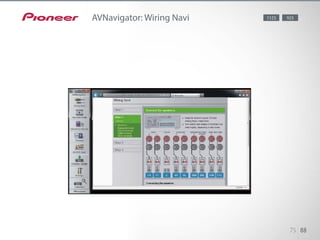 Start the Wiring Navi on your PC from the CD-ROM. By answering ques-
tions about your equipment and terminals, the actual connection image will
be displayed. Plug in your equipment and speakers accordingly, including
the network connection with your PC, then transmit the setup information
to the AV receiver from your PC. The Wiring Navi is compatible with iPad,
and can be downloaded free of charge from the App Store.
75 88
AVNavigator: Wiring Navi 1123 923
 