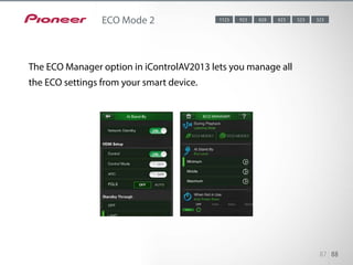 The ECO Manager option in iControlAV2013 lets you manage all the ECO
settings from your smart device.
87 88
ECO Mode 2 3235238239231123
The ECO Manager option in iControlAV2013 lets you manage all
the ECO settings from your smart device.
 