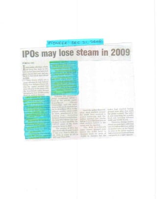 Pioneer Dec 21, 2008 IPOs May Lose Steam In 2009