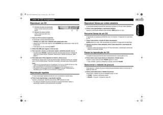 MAN-DEH-4700MP-PR.fm Page 12 Monday, May 2, 2005 2:05 PM

Leitor de CD incorporado
Reproduzir um CD
Indicador do tempo de reprodução

Indica o tempo decorrido da faixa
actual.

ባ

Indicador do número da faixa

Indica a faixa que está a ser
reproduzida.
1. Insira um CD na ranhura respectiva.
A reprodução começa automaticamente.
• Verifique se o lado com a etiqueta está voltado para cima.
• Depois de um CD ter sido inserido, prima SOURCE para seleccionar o leitor de CD
incorporado.
• Pode ejectar um CD, premindo EJECT.
2. Utilize VOLUME para regular o nível do som.
3. Para executar o avanço ou retrocesso rápido, mantenha premido 4 ou 6.
• Se seleccionar ROUGH, mantendo premido 4 ou 6 pode procurar 10 faixas de
cada vez no disco actual. (Consulte “Seleccionar o método de procura” nesta
página.)
4. Para saltar para a faixa seguinte ou anterior, prima 4 ou 6.
Premindo 6, avança para o início da próxima faixa. Premindo 4 uma vez, avança
para o início da faixa actual. Premindo novamente, retrocede para a faixa anterior.
Notas
• O leitor de CD incorporado toca um CD padrão de 12 cm ou 8 cm (single) de cada vez. Não
utilize um adaptador para efectuar a reprodução de um CD de 8 cm.
• Não introduza nada no compartimento de introdução de CDs, à excepção do CD.
• Se aparecer uma mensagem de erro, como ERROR-11, consulte “Compreender as
mensagens de erro do leitor de CD incorporado” na página 19.

Reprodução repetida
O modo reprodução repetida permite-lhe ouvir novamente a mesma faixa.
* Prima 5 para ligar/desligar a reprodução repetida.
Quando a reprodução repetida está activada, RPT aparece no visor.
• Se utilizar as funções de procura de faixa ou avanço/retrocesso rápido, a
reprodução repetida é automaticamente cancelada.

Reproduzir faixas por ordem aleatória
A reprodução aleatória permite-lhe reproduzir as faixas no CD por ordem aleatória.
* Prima 4 para ligar/desligar a reprodução aleatória.
Quando a reprodução aleatória está activada, RDM aparece no visor.

Percorrer faixas de um CD
A reprodução de pesquisa permite-lhe ouvir os primeiros 10 segundos de cada faixa
no CD.
1. Prima 3 para activar a função de leitura de pesquisa.
SCAN aparece no visor. São reproduzidos os primeiros 10 segundos de cada faixa.
2. Quando encontrar a faixa desejada, prima 3 para desactivar a reprodução de
pesquisa.
• Quando a leitura de pesquisa de um CD tiver terminado, a reprodução normal das
faixas é novamente iniciada.

Pausa na reprodução do CD
A função de pausa permite-lhe parar temporariamente a reprodução do CD.
* Prima várias vezes 6 para activar ou desactivar a função pausa.
Quando a pausa está activada, PAUSE aparece no visor.
• Pode, também, activar ou desactivar a pausa, premindo PAUSE.

Seleccionar o método de procura
Pode alternar o método de procura entre avanço/retrocesso rápido e procura de 10
faixas de cada vez.
* Prima 2 para seleccionar o método de procura.
Prima 2 até o método de procura desejado surgir no visor.
• FF/REV – Avanço e retrocesso rápido
• ROUGH – Procurar 10 faixas de cada vez

PORTUGUÊS

ቢ

12

 
