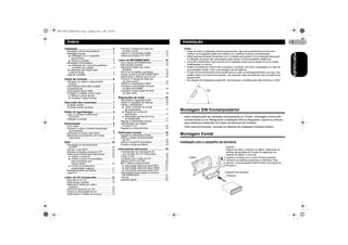 MAN-DEH-4700MP-PR.fm Page 2 Monday, May 2, 2005 2:05 PM

Índice

Instalação

Instalação .............................................. 2
2
2

Procurar 10 faixas de cada vez
no disco actual ....................................... 13
Utilizar a compressão e BMX ................... 13
Utilizar as funções CD TEXT .................... 13

2
3
3

Leitor de MP3/WMA/WAV .................. 14

3
3
4

Antes de começar ................................ 6
Obrigado por adquirir este produto
Pioneer .....................................................
Informações sobre esta unidade .................
Características ............................................
Informações sobre WMA ............................
Proteger a unidade contra roubo ................
* Retirar o painel frontal ..........................
* Encaixar o painel frontal .......................

6
6
6
6
7
7
7

Descrição dos comandos .................... 7
Unidade central ........................................... 7
Controlo remoto opcional ............................ 8

Botão de ligar/desligar ........................ 8
Ligar a unidade e seleccionar
uma fonte ................................................. 8
Desligar a unidade ...................................... 8

Sintonizador ......................................... 9
Ouvir rádio ..................................................
Guardar e voltar a chamar frequências
de emissoras ............................................
Sintonizar os sinais mais fortes ..................
Memorizar as emissoras com sinais
mais fortes ................................................

9

9
9
9

RDS ...................................................... 10
Introdução ao funcionamento
do RDS ...................................................
Activar o visor RDS ...................................
Receber emissões de alarme PTY ...........
Seleccionar frequências alternativas ........
* Utilizar a busca PI ...............................
* Utilizar a busca PI automática
para emissoras prémemorizadas ......................................
* Limitar as emissoras à
programação regional .........................
Receber boletins de trânsito .....................
Lista PTY ..................................................

10
10
10
10
10
10
11
11
11

Leitor de CD incorporado .................. 12
Reproduzir um CD ....................................
Reprodução repetida ................................
Reproduzir faixas por ordem
aleatória ..................................................
Percorrer faixas de um CD .......................
Pausa na reprodução do CD ....................
Seleccionar o método de procura .............

12
12

12
12
12
12

Ouvir discos MP3/WMA/WAV ...................
Reprodução repetida ................................
Reproduzir faixas por ordem
aleatória .................................................
Percorrer as pastas e as faixas ................
Pausa na leitura de MP3/WMA/WAV .......
Seleccionar o método de procura .............
Procurar 10 faixas de cada vez
na pasta actual .......................................
Utilizar a compressão e BMX ...................
Visualizar a informação de texto
no disco MP3/WMA ................................
Visualizar a informação de texto
no disco WAV .........................................

14
14

15
15
15
15
15
15

Notas
• Antes de fazer a instalação final do equipamento, ligue temporariamente os fios para
verificar se as ligações estão bem feitas e se o sistema funciona correctamente.
• Utilize apenas as peças fornecidas com a unidade para garantir uma instalação adequada.
A utilização de peças não autorizadas pode causar um funcionamento defeituoso.
• Consulte o distribuidor mais próximo se a instalação exigir que se façam furos ou outras
modificações no veículo.
• Instale a unidade de modo a não incomodar o condutor, nem ferir o passageiro no caso de
uma paragem súbita, como uma paragem de emergência.
• O laser de semicondutores ficará danificado em caso de sobreaquecimento; por isso, não
instale o leitor num local muito quente – por exemplo, perto da saída de calor do sistema de
aquecimento.
• Se o ângulo de instalação exceder 60° na horizontal, a unidade pode não funcionar a 100%.

16
16

Regulações do áudio ......................... 16
Introdução à regulação áudio ...................
Utilizar a regulação de balanço ................
Utilizar o equalizador ................................
* Voltar a chamar as curvas
de equalização ...................................
* Regular as curvas de
equalizador .........................................
* Regulação precisa da curva
do equalizador ....................................
Regular a intensidade sonora ...................
Intensificador de Imagem
Frontal (F.I.E.) ........................................
Regular os níveis de fonte ........................

16
16
17
17
17
17
17

Esta unidade pode ser instalada correctamente na “Frente” (montagem frontal DIN
convencional) ou na “Retaguarda” (instalação DIN na retaguarda, usando os orifícios
para parafusos existentes nos lados da estrutura da unidade).

18
18

Para mais pormenores, consulte os métodos de instalação ilustrados abaixo.

Definições iniciais .............................. 18
Regular as definições iniciais ...................
Definir o passo de sintonização
de FM .....................................................
Activar a busca PI automática ..................
Poupar a carga da bateria ........................

Montagem DIN frontal/posterior

18
18
18
19

Montagem frontal
Instalação com o casquilho de borracha

Informações adicionais ..................... 19
Compreender as mensagens de
erro do leitor de CD incorporado ............
Cortar o som .............................................
Cuidados com o leitor de CD ....................
Discos CD-R e CD-RW .............................
MP3, WMA e ficheiros WAV .....................
* Informação adicional sobre MP3 ........
* Informação adicional sobre WMA ......
* Informação adicional sobre WAV .......
Informações sobre pastas e ficheiros
MP3/WMA/WAV .....................................
Termos ......................................................
Especificações ..........................................

19
19
19
20
20
21
21
21
21
22
23

Tablier

Suporte
Depois de inserir o suporte no tablier, seleccione as
patilhas apropriadas em função da espessura do
material do tablier e curve-as.
(Instale a unidade com a maior firmeza possível
utilizando as patilhas superiores e inferiores. Para
prender, curve as patilhas até formarem um ângulo de
90 graus.)
Casquilho de borracha
Parafuso

PORTUGUÊS

Montagem DIN frontal/posterior ..................
Montagem frontal ........................................
* Instalação com o casquilho
de borracha ..........................................
* Retirar a unidade ..................................
Montagem DIN posterior .............................
* Instalação por meio dos parafusos
nos lados da unidade ...........................
Os parafusos de fixação para
o painel frontal ..........................................
Ligar as unidades ........................................

2

 