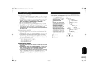 MAN-DEH-4700MP-PR.fm Page 21 Monday, May 2, 2005 2:05 PM

Informações adicionais
Informação adicional sobre MP3
• Ficheiros são compatíveis com os formatos ID3 Tag Ver. 1.0, 1.1, 2.2, 2.3 e 2.4 para
apresentação do álbum (título do disco), faixa (título da faixa), intérprete (intérprete
da faixa) e comentário. A Ver. 2.x de ID3 Tag tem prioridade se existirem as Ver.
1.x e Ver. 2.x.
• A função de ênfase só é válida quando reproduzir ficheiros MP3 com as frequências
de 32 kHz, 44,1 kHz e 48 kHz. (16 kHz, 22,05 kHz, 24 kHz, 32 kHz, 44,1 kHz,
48 kHz como frequências de amostragem podem ser reproduzidas.)
• Não existe compatibilidade da lista de leitura m3u.
• Não existe compatibilidade com o formato MP3i (MP3 interactivo) ou mp3 PRO.
• A qualidade do som dos ficheiros MP3 normalmente torna-se melhor com uma taxa
de transferência maior. Esta unidade pode reproduzir discos com taxas de bits de
8 kbps a 320 kbps, mas para poder usufruir de uma certa qualidade de som,
recomenda-se que utilize, somente discos gravados a uma taxa de transferência de
pelo menos 128 kbps.

Informação adicional sobre WMA
• Esta unidade reproduz ficheiros WMA codificados com o Windows Media Player
versão 7, 7.1, 8 e 9.
• Só pode reproduzir ficheiros WMA nas frequências de 32 kHz, 44,1 kHz e 48 kHz.
• A qualidade do som dos ficheiros WMA normalmente melhora com uma taxa de
transferência maior. Esta unidade pode reproduzir discos com taxas de bits de
48 kbps a 320 kbps (CBR) ou de 48kbps a 384 kbps (VBR), mas, para poder usufruir
de uma certa qualidade de som, recomenda-se que utilize somente discos gravados
com uma taxa de transferência superior.

Informações sobre pastas e ficheiros MP3/WMA/WAV
• Uma imagem de um CD-ROM com
ficheiros MP3/WMA/WAV é
mostrada abaixo. As subpastas são
indicadas como pastas, na pasta
actualmente seleccionada.
Notas
• Esta unidade atribui números às pastas.
O utilizador não pode atribuir números de
pastas.
• Não é possível consultar pastas que não
incluam ficheiros MP3/WMA/WAV.
(Estas pastas serão omitidas sem que
seja mostrado o número da pasta.)
• É possível reproduzir ficheiros MP3/
WMA/WAV, até 8 hierarquias de pastas.
Todavia, denota-se um atraso no início
de cada música, em discos com
numerosas hierarquias. Devido a este
facto aconselhamos a criação de discos
com apenas duas hierarquias de pastas.
• É possível ler até 99 pastas num disco.

ቢ
ባ
ቤ

Primeiro nível
Segundo nível
Terceiro nível

• A unidade não suporta os formatos a seguir.
– Windows Media Audio 9 Professional (5.1ch)
– Windows Media Audio 9 Lossless
– Windows Media Audio 9 Voice

Informação adicional sobre WAV
• Esta unidade reproduz ficheiros WAV codificados no formato Linear PCM (LPCM)
ou MS ADPCM.

• A qualidade de som dos ficheiros WAV melhora geralmente com um número maior
de bits de quantificação. Esta unidade pode reproduzir gravações com 8 e 16 bits
de quantização (LPCM) ou 4 (MSADPCM), mas para poder ouvir o som com
qualidade, deve utilizar discos gravados com um maior número de bits de
quantização.

PORTUGUÊS

• Só pode reproduzir ficheiros WAV nas frequências de 16 kHz, 22,05 kHz, 24 kHz,
32 kHz, 44,1 kHz e 48 kHz (LPCM) ou 22,05 kHz e 44,1 kHz (MS ADPCM). A
frequência de amostragem que surge no visor pode ser arredondada.

21

 