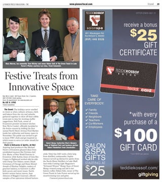 A PIONEER PRESS PUBLICATION • TRE                                                         www.pioneerlocal.com   trend   39




    Mary Warren, tea sommelier Sam Ritchey and owner Hoken Seki of The Green Teaist in Lake
                       Forest | Photos courtesy Lee Litas, Trend Columnist.




  Festive Treats from
   Innovative Space
Now We’re Cookin’, 1601 Payne Street, Ste. C, Evanston.
(847) 570-4140. Street parking.
Hours: By appointment. See www.nwcookin.com
By LEE A. LITAS
Trend Columnist

  The Event: The holidays never smelled
so sweet as when culinary artisans, chefs
and bakers from the city and suburbs
gathered together to show off their edible
treats just in time for stocking stuffer
suggestions. Nell Funk, owner of
Evanston’s premier incubator kitchen
Now We’re Cookin’, officially heralded in
the festive season by holding the first
annual North Shore Artisan Food Market
inside her utilitarian and homey space in
November. The public was invited to get
to know NWC chefs and get inspired on
which treats to serve (or order ahead) for
their guests.                                                Sweet Margy Confection Diva’s Margery
  Chefs & Delicacies & Spirits, oh My!:                    Kaye of Highland Park and business partner
Aspiring food producers like Michael                          Robert Mandeltort from Lincolnshire
Sweirz of Evanston gleaned ideas from
established masters like Parisian chef,
Eric Marie, of New World Pastries in                      while ‘Ethyl the Still’ (with a little help
Evanston; while Kathia Jones of Gata Bee                  from distillery ambassador, Sophie
Crepes in Highwood worked side-by-side                    Amoss) served up distinctive spirits from
with Cheap Tart Bakery owner, Dinah                       the North Shore Distillery in Lake Bluff.
Grossman of Chicago and Diane Khouri                      And while Cooking Light Magazine’s
Joseph of Sheekar Delights, makers of                     “Artisanal Winner” Margy Kaye of Sweet
gourmet baklava, in Glenview to offer                     Margy treated young and old to her
both savory and sweet treats. North-                      buttery toffee, Hoken Seki, owner of The
brook’s newest butter maven, Jane                         Green Teaist in Lake Forest served up his
Johnson of Maggie’s Gourmet, offered                      award-winning teas and gelee.
samples of her epicurean infused butters                          Comment:pioneerlocal.com.
 