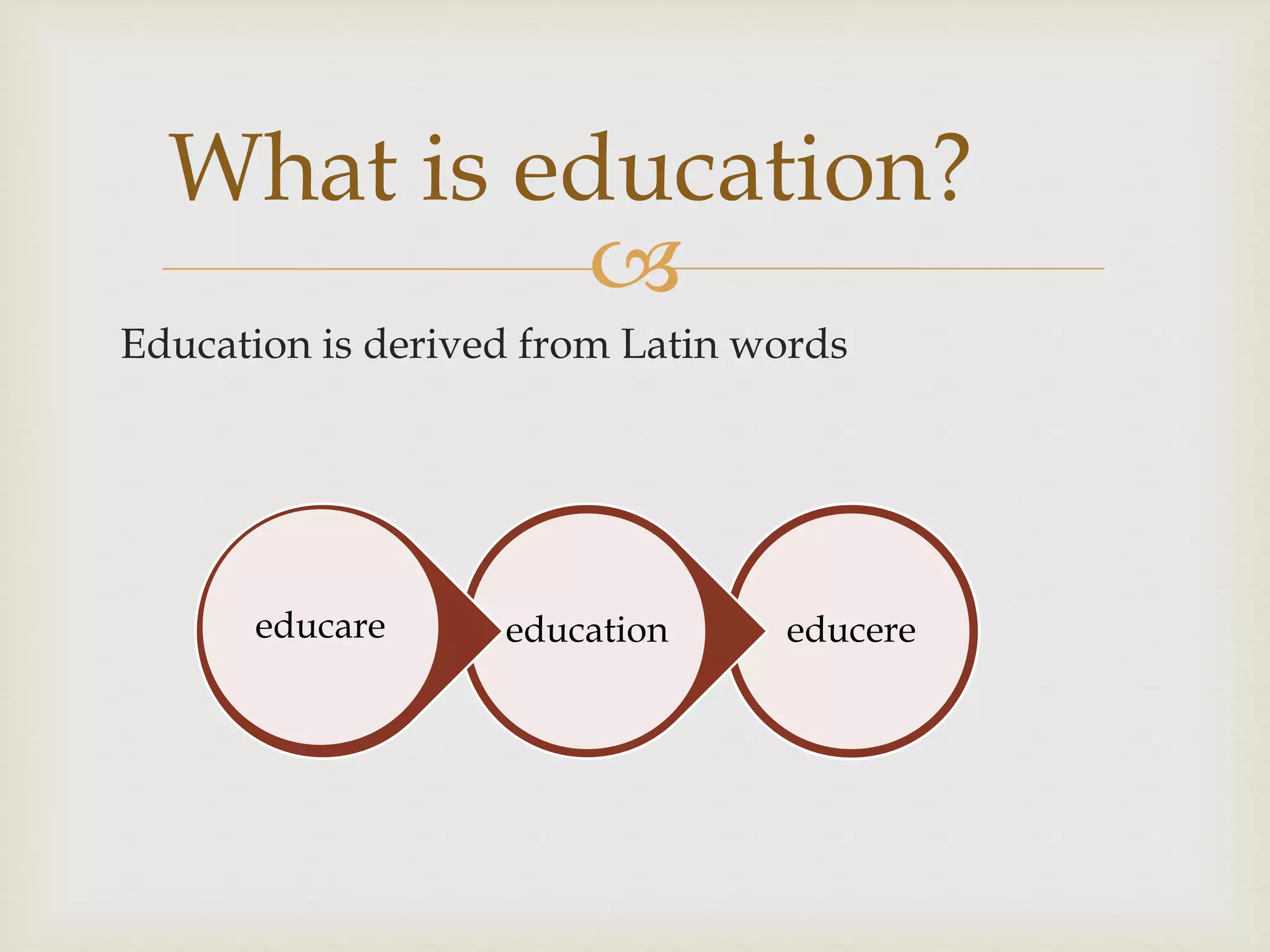 
Education is derived from Latin words
What is education?
educereeducationeducare
 