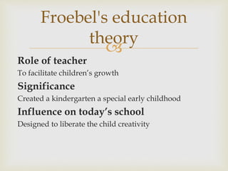 
Role of teacher
To facilitate children’s growth
Significance
Created a kindergarten a special early childhood
Influence on today’s school
Designed to liberate the child creativity
Froebel's education
theory
 