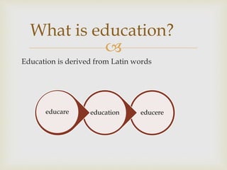 
Education is derived from Latin words
What is education?
educereeducationeducare
 
