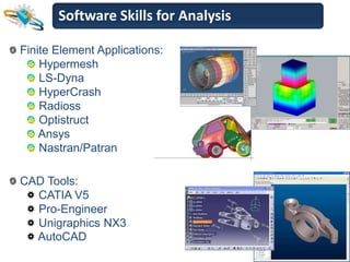 Software Skills for Analysis

Finite Element Applications:
    Hypermesh
    LS-Dyna
    HyperCrash
    Radioss
    Optistruct
    Ansys
    Nastran/Patran

CAD Tools:
  CATIA V5
  Pro-Engineer
  Unigraphics NX3
  AutoCAD
 