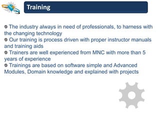 Training

  The industry always in need of professionals, to harness with
the changing technology
  Our training is process driven with proper instructor manuals
and training aids
  Trainers are well experienced from MNC with more than 5
years of experience
  Trainings are based on software simple and Advanced
Modules, Domain knowledge and explained with projects
 
