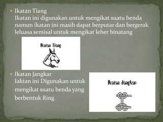  Ikatan Tiang

Ikatan ini digunakan untuk mengikat suatu benda
namun ikatan ini masih dapat berputar dan bergerak
leluasa semisal untuk mengikat leher binatang

 Ikatan Jangkar

Iaktan ini Digunakan untuk
mengikat suatu benda yang
berbentuk Ring

 