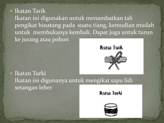  Ikatan Tarik

Ikatan ini digunakan untuk menambatkan tali
pengikat binatang pada suatu tiang, kemudian mudah
untuk membukanya kembali. Dapat juga untuk turun
ke jurang atau pohon

 Ikatan Turki

Ikatan ini digunanya untuk mengikat sapu lidi
setangan leher

 