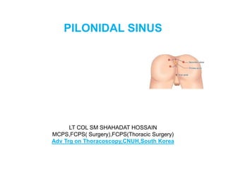 PILONIDAL SINUS
LT COL SM SHAHADAT HOSSAIN
MCPS,FCPS( Surgery),FCPS(Thoracic Surgery)
Adv Trg on Thoracoscopy,CNUH,South Korea
 