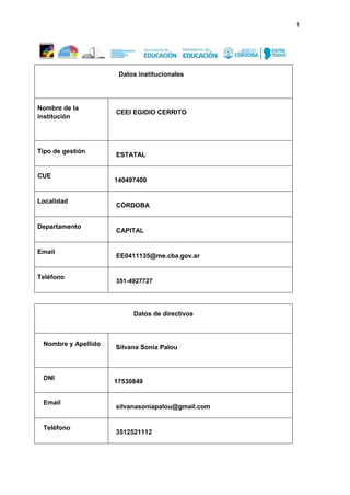 1
Datos institucionales
Nombre de la
institución
CEEI EGIDIO CERRITO
Tipo de gestión
ESTATAL
CUE
140497400
Localidad
CÓRDOBA
Departamento
CAPITAL
Email
EE0411135@me.cba.gov.ar
Teléfono
351-4927727
Datos de directivos
Nombre y Apellido
Silvana Sonia Palou
DNI
17530849
Email
silvanasoniapalou@gmail.com
Teléfono
3512521112
 