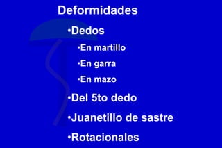 Deformidades
•Dedos
•En martillo
•En garra
•En mazo
•Del 5to dedo
•Juanetillo de sastre
•Rotacionales
 