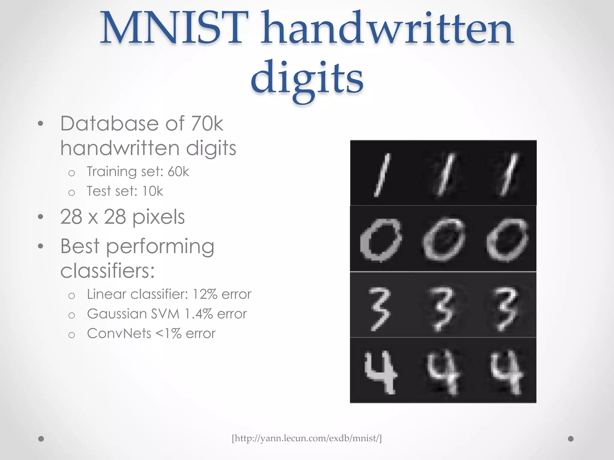 MNIST handwritten
digits
• Database of 70k
handwritten digits
o Training set: 60k
o Test set: 10k
• 28 x 28 pixels
• Best performing
classifiers:
o Linear classifier: 12% error
o Gaussian SVM 1.4% error
o ConvNets <1% error
[http://yann.lecun.com/exdb/mnist/]
 
