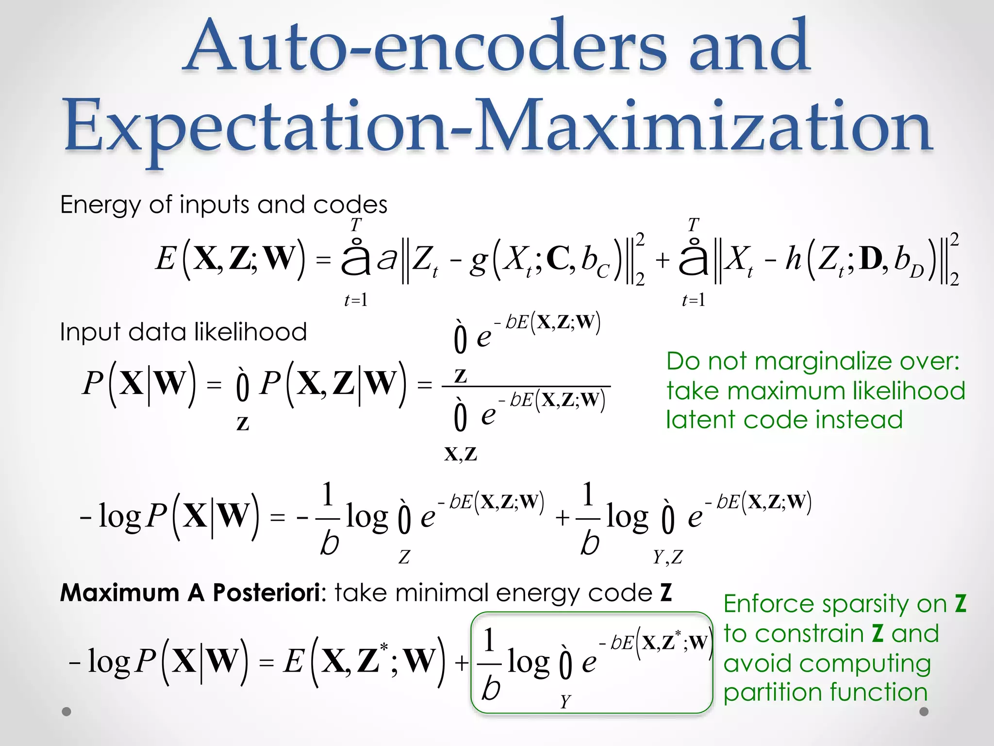 Auto-encoders and
Expectation-Maximization
E X,Z;W( )= a Zt - g Xt;C,bC( ) 2
2
t=1
T
å + Xt -h Zt;D,bD( ) 2
2
t=1
T
å
P X W( )= P X,Z W( )
Z
ò =
e
-bE X,Z;W( )
Z
ò
e
-bE X,Z;W( )
X,Z
ò
-logP X W( )= -
1
b
log e
-bE X,Z;W( )
+
Z
ò
1
b
log e
-bE X,Z;W( )
Y,Z
ò
Energy of inputs and codes
Input data likelihood
Maximum A Posteriori: take minimal energy code Z
-logP X W( )= E X,Z*
;W( )+
1
b
log e
-bE X,Z*
;W( )
Y
ò
Do not marginalize over:
take maximum likelihood
latent code instead
Enforce sparsity on Z
to constrain Z and
avoid computing
partition function
 