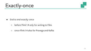 Exactly-once
19
● End to end exactly-once
○ before Flink 1.4 only for writing to Files
○ since Flink 1.4 also for Pravega and Kafka
 