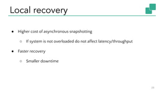 Local recovery
39
● Higher cost of asynchronous snapshotting
○ If system is not overloaded do not affect latency/throughput
● Faster recovery
○ Smaller downtime
 