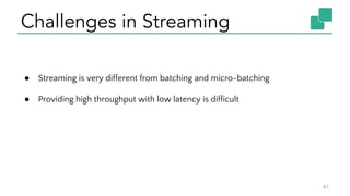 Challenges in Streaming
41
● Streaming is very different from batching and micro-batching
● Providing high throughput with low latency is difficult
 