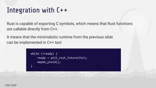 Integration with C++
Rust is capable of exporting C symbols, which means that Rust functions
are callable directly from C++.
It means that the minimalistic runtime from the previous slide
can be implemented in C++ too!
while (!ready) {
ready = poll_rust_future(fut);
maybe_yield();
}
 