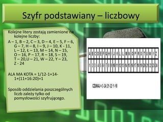 Szyfr podstawiany – liczbowy
Kolejne litery zostają zamienione na
   kolejne liczby:
A – 1, B – 2, C – 3, D – 4, E – 5, F – 6,
   G – 7, H – 8, I – 9, J – 10, K - 11,
   L – 12, Ł – 13, M – 14, N – 15,
   O – 16, P – 17, R – 18, S – 19,
   T – 20,U – 21, W – 22, Y – 23,
   Z - 24

ALA MA KOTA = 1/12-1+14-
   1+(11+16:20)=1

Sposób oddzielania poszczególnych
   liczb zależy tylko od
   pomysłowości szyfrującego.
 