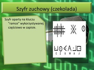 Szyfr zuchowy (czekolada)
Szyfr oparty na kluczu
  "ramce" wykorzystywanej
  częściowo w zapisie.
 