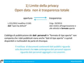 1) Limite della privacy 
Open data non è trasparenza totale 
apertura trasparenza 
L.221/2012 modifica il CAD: 
dati “open by default” 
D.lgs. 33/2013: 
dati relativi all’organizzazione e 
alle attività in formato aperto 
L’obbligo di pubblicazione dei dati personali in “formato di tipo aperto” non 
comporta che i dati pubblicati siano anche “dati di tipo aperto” e quindi 
disponibili e riutilizzabili da parte di chiunque. 
Il riutilizzo di documenti contenenti dati pubblici riguarda 
solo documenti che non contengono dati personali oppure 
riguarda dati personali aggregati e resi anonimi. 
Piovono dati. Irrighiamo il territorio 17/11/2014 Alessandra Loi #OpenDataSARD 
 