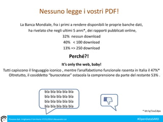 Nessuno legge i vostri PDF! 
La Banca Mondiale, fra i primi a rendere disponibili le proprie banche dati, 
ha rivelato che negli ultimi 5 anni*, dei rapporti pubblicati online, 
32% nessun download 
40% < 100 download 
13% => 250 download 
Tutti capiscono il linguaggio iconico , mentre l’analfabetismo funzionale rasenta in Italia il 47%* 
Oltretutto, il cosiddetto “burocratese” ostacola la comprensione da parte del restante 53% . 
* bit.ly/1suCdpa 
Perché?! 
It’s only the web, baby! 
bla bla bla bla bla 
bla bla bla bla bla 
bla bla bla bla bla 
bla bla bla bla bla 
Piovono dati. Irrighiamo il territorio 17/11/2014 Alessandra Loi #OpenDataSARD 
 