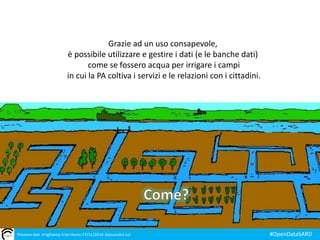 Grazie ad un uso consapevole, 
è possibile utilizzare e gestire i dati (e le banche dati) 
come se fossero acqua per irrigare i campi 
in cui la PA coltiva i servizi e le relazioni con i cittadini. 
Piovono dati. Irrighiamo il territorio 17/11/2014 Alessandra Loi #OpenDataSARD 
 
