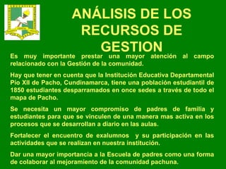 Es muy importante prestar una mayor atención al campo relacionado con la Gestión de la comunidad.  Hay que tener en cuenta que la Institución Educativa Departamental Pío XII de Pacho, Cundinamarca, tiene una población estudiantil de 1850 estudiantes desparramados en once sedes a través de todo el mapa de Pacho.  Se necesita un mayor compromiso de padres de familia y estudiantes para que se vinculen de una manera mas activa en los procesos que se desarrollan a diario en las aulas. Fortalecer el encuentro de exalumnos  y su participación en las actividades que se realizan en nuestra institución. Dar una mayor importancia a la Escuela de padres como una forma de colaborar al mejoramiento de la comunidad pachuna. ANÁLISIS DE LOS RECURSOS DE GESTION 