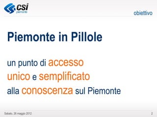 obiettivo



  Piemonte in Pillole
  un punto di accesso
  unico e semplificato
  alla conoscenza sul Piemonte

Sabato, 26 maggio 2012                   2
 