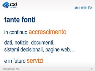 i dati della PA


  tante fonti
  in continuo accrescimento
  dati, notizie, documenti,
  sistemi decisionali, pagine web…
  e in futuro servizi
Sabato, 26 maggio 2012                        23
 