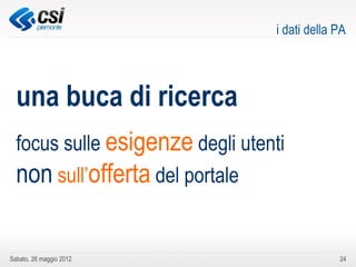 i dati della PA




  una buca di ricerca
  focus sulle esigenze degli utenti
  non sull’offerta del portale

Sabato, 26 maggio 2012                         24
 