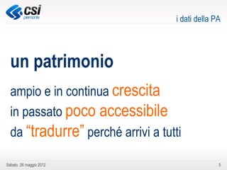 i dati della PA




  un patrimonio
  ampio e in continua crescita
  in passato poco accessibile
  da “tradurre” perché arrivi a tutti

Sabato, 26 maggio 2012                           5
 