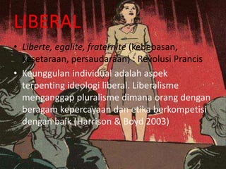 LIBERAL
• Liberte, egalite, fraternite (kebebasan,
kesetaraan, persaudaraan) : Revolusi Prancis
• Keunggulan individual adalah aspek
terpenting ideologi liberal. Liberalisme
menganggap pluralisme dimana orang dengan
beragam kepercayaan dan etika berkompetisi
dengan baik (Harrison & Boyd 2003)

 