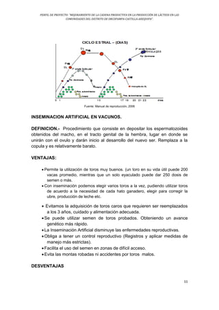 PERFIL DE PROYECTO: “MEJORAMIENTO DE LA CADENA PRODUCTIVA EN LA PRODUCCIÓN DE LÁCTEOS EN LAS
COMUNIDADES DEL DISTRITO DE ORCOPAMPA-CASTILLA-AREQUIPA”.
11
Fuente: Manual de reproducción, 2006
INSEMINACION ARTIFICIAL EN VACUNOS.
DEFINICION.- Procedimiento que consiste en depositar los espermatozoides
obtenidos del macho, en el tracto genital de la hembra, lugar en donde se
unirán con el ovulo y darán inicio al desarrollo del nuevo ser. Remplaza a la
copula y es relativamente barato.
VENTAJAS:
 Permite la utilización de toros muy buenos. (un toro en su vida útil puede 200
vacas promedio, mientras que un solo eyaculado puede dar 250 dosis de
semen o más.
 Con inseminación podemos elegir varios toros a la vez, pudiendo utilizar toros
de acuerdo a la necesidad de cada hato ganadero, elegir para corregir la
ubre, producción de leche etc.
 Evitamos la adquisición de toros caros que requieren ser reemplazados
a los 3 años, cuidado y alimentación adecuada.
Se puede utilizar semen de toros probados. Obteniendo un avance
genético más rápido.
La Inseminación Artificial disminuye las enfermedades reproductivas.
Obliga a tener un control reproductivo (Registros y aplicar medidas de
manejo más estrictas).
Facilita el uso del semen en zonas de difícil acceso.
Evita las montas robadas ni accidentes por toros malos.
DESVENTAJAS
 