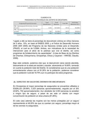 PERFIL DE PROYECTO: “MEJORAMIENTO DE LA CADENA PRODUCTIVA EN LA PRODUCCIÓN DE LÁCTEOS EN LAS
COMUNIDADES DEL DISTRITO DE ORCOPAMPA-CASTILLA-AREQUIPA”.
51
CUADRO N° 05
PROGRAMAS NUTRICIONALES DEL DISTRITO DE ORCOPAMPA
“Ligado a ello se tiene el porcentaje de desnutrición crónica en niños menores
de 5 años, 15%, en base al ENDES 2005; y el Índice de Desarrollo Humano
2005 (IDH 2005) del Programa de las Naciones Unidas para el Desarrollo
(PNUD), el cual es de 0.5984. Ambos, son indicadores de la necesidad de
intervención para el alivio de la pobreza que vive el distrito, así como
programas de fortalecimiento de capacidades”. (Línea de Base de los Distritos
de Chachas, Chilcaymarca, Orcopampa, Choco y Cayarani – HINTZE, Claudia,
2009).
Bajo este contexto, podemos citar que, la desnutrición viene siendo atendida,
básicamente en la edad pre escolar y escolar, alcanzando al 16.60%, tomando
en cuenta la población total del Distrito. Si consideramos que es una población
eminentemente urbana con el 81.26% de la población, podemos considerar
que la población rural del 18.74% aun no participan de estos programas.
d).- ASPECTOS DE SALUD DEL DISTRITO DE ORCOPAMAPA
En Orcopampa el mayor porcentaje de asegurados se encuentran afiliados a
ESSALUD (39.96%, 3,323 personas aproximadamente), seguido por el SIS
(8.92%, 742 aproximadamente). Aun alrededor de 3,353 personas no acceden
a ningún tipo de seguro, a pesar de ser este un distrito con mayor
concentración de población en área urbana (81.26%).
En este caso además las mujeres son las menos protegidas por un seguro
representando el 48.20% las que no cuentan con seguro, porcentaje mayor al
de los varones no asegurados.
 