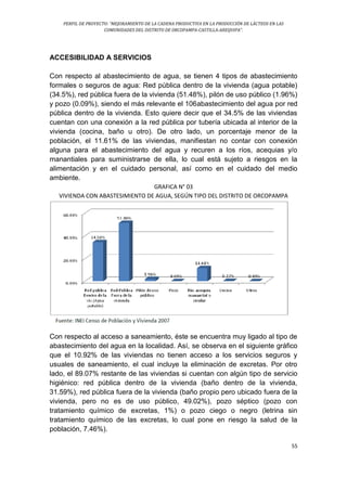 PERFIL DE PROYECTO: “MEJORAMIENTO DE LA CADENA PRODUCTIVA EN LA PRODUCCIÓN DE LÁCTEOS EN LAS
COMUNIDADES DEL DISTRITO DE ORCOPAMPA-CASTILLA-AREQUIPA”.
55
ACCESIBILIDAD A SERVICIOS
Con respecto al abastecimiento de agua, se tienen 4 tipos de abastecimiento
formales o seguros de agua: Red pública dentro de la vivienda (agua potable)
(34.5%), red pública fuera de la vivienda (51.48%), pilón de uso público (1.96%)
y pozo (0.09%), siendo el más relevante el 106abastecimiento del agua por red
pública dentro de la vivienda. Esto quiere decir que el 34.5% de las viviendas
cuentan con una conexión a la red pública por tubería ubicada al interior de la
vivienda (cocina, baño u otro). De otro lado, un porcentaje menor de la
población, el 11.61% de las viviendas, manifiestan no contar con conexión
alguna para el abastecimiento del agua y recuren a los ríos, acequias y/o
manantiales para suministrarse de ella, lo cual está sujeto a riesgos en la
alimentación y en el cuidado personal, así como en el cuidado del medio
ambiente.
GRAFICA N° 03
VIVIENDA CON ABASTESIMIENTO DE AGUA, SEGÚN TIPO DEL DISTRITO DE ORCOPAMPA
Con respecto al acceso a saneamiento, éste se encuentra muy ligado al tipo de
abastecimiento del agua en la localidad. Así, se observa en el siguiente gráfico
que el 10.92% de las viviendas no tienen acceso a los servicios seguros y
usuales de saneamiento, el cual incluye la eliminación de excretas. Por otro
lado, el 89.07% restante de las viviendas si cuentan con algún tipo de servicio
higiénico: red pública dentro de la vivienda (baño dentro de la vivienda,
31.59%), red pública fuera de la vivienda (baño propio pero ubicado fuera de la
vivienda, pero no es de uso público, 49.02%), pozo séptico (pozo con
tratamiento químico de excretas, 1%) o pozo ciego o negro (letrina sin
tratamiento químico de las excretas, lo cual pone en riesgo la salud de la
población, 7.46%).
 