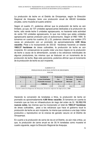 PERFIL DE PROYECTO: “MEJORAMIENTO DE LA CADENA PRODUCTIVA EN LA PRODUCCIÓN DE LÁCTEOS EN LAS
COMUNIDADES DEL DISTRITO DE ORCOPAMPA-CASTILLA-AREQUIPA”.
76
La producción de leche en el Distrito de Orcopampa, según la Dirección
Regional de Arequipa, tiene una producción anual de 480.83 toneladas
anuales, como muestra el cuadro anterior.
Según el cuadro 21, podemos afirmar que la producción de leche es aún
limitado, ya que, de 137 unidades agropecuarias dedicadas a la producción de
leche, solo vende leche 5 unidades agropecuaria, no haciendo esta actividad
de venta 132 unidades agropecuaria, lo que nos indica que estas unidades
agropecuaria apenas producen para el autoconsumo. Según el INEI 1994. Si
tomamos en cuenta los cuadros 22 y 23, podemos observar que existen 273
vacas en producción con un promedio de aproximadamente 4.89 litros
vaca/día. Pese a la incorporando de 333.52 hectáreas haciendo un totalde
1063.37 hectáreas de áreas cultivables, la producción de leche es aún
incipiente. En consecuencia se puede notar una leve mejora en la producción
de leche a causa de la alimentación, aunado a los esfuerzos individuales de
algunos productores, los mismos que se traducen en un incremento de la
producción de leche. Bajo este panorama, podemos afirmar que el incremento
de la producción de leche es aún incipiente.
Cantidad de Produccion Produccion Producciom
Vacas Ordeñadas Por Por Vaca Por Vaca
t L Promedio mensual Vaca Anual Mensual Dia
Cabezas L L L
480.83 480830 273 1761.28 146.77 4.89
Fuente: Gobierno Regional de Arequipa, Direccion regional de Agricultura, 2008
CUADRO N° 23
PRODUCION DE LECHE EN EL DISTRITO DE ORCOPAMPA
POR DIA
Produccion Anual
Haciendo la conversión de toneladas a litros, la producción de leche en
promedio es aproximadamente 4.89 litros vaca/día .Si tomamos en cuenta la
inversión que se hizo en infraestructura de riego del orden de S/. 15,153,115
nuevos soles, las mismas que ha incorporado un total de 1063.37 hectáreas
de áreas cultivables, pese a los esfuerzos que hace el gobierno local la
producción de leche es aún incipiente, la misma que conduce a una bajo índice
productivo y reproductivo en la crianza de ganado vacuno en el Distrito de
Orcopampa.
En cuanto a la producción de carne de res en el Distrito, es aún más crítica, ya
que, la producción de carne anual es de 30.14 toneladas como muestra el
cuadro siguiente, según la Dirección Regional de Arequipa.
 
