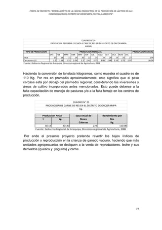 PERFIL DE PROYECTO: “MEJORAMIENTO DE LA CADENA PRODUCTIVA EN LA PRODUCCIÓN DE LÁCTEOS EN LAS
COMUNIDADES DEL DISTRITO DE ORCOPAMPA-CASTILLA-AREQUIPA”.
77
TIPO DE PRODUCCION PRODUCCION ANUAL
ENE FEB MAR ABR MAY JUN JUL AGO SET OCT NOV DIC
Saca 20 18 21 19 20 22 25 28 26 23 25 27 274
Carcasa en (t) 2.2 1.98 2.31 2.09 2.2 2.42 2.75 3.08 2.86 2.53 2.75 2.97 30.14
CUADRO N° 24
PRODUCION PECUARIA DE SACA Y CARE DE RES EN EL DISTRITO DE ORCOPAMPA
ANUAL
PRODUCION MENSUAL
Fuente: Gobierno Regional de Arequipa, Direccion regional de Agricultura, 2008
Haciendo la conversión de tonelada kilogramos, como muestra el cuadro es de
110 Kg. Por res en promedio aproximadamente, esto significa que el peso
carcasa está por debajo del promedio regional, considerando las inversiones y
áreas de cultivo incorporados antes mencionados. Esto puede deberse a la
falta capacitación de manejo de pasturas y/o a la falta forraje en los centros de
producción.
Saca Anual de Rendimiento por
t kg. Reses Res
Cabezas Kg.
30.14 30140 274 110.00
Fuente: Gobierno Regional de Arequipa, Direccion regional de Agricultura, 2008
CUADRO N° 25
PRODUCION DE CARNE DE RES EN EL DISTRITO DE ORCOPAMPA
Kg.
Produccion Anual
Por ende el presente proyecto pretende revertir los bajos índices de
producción y reproducción en la crianza de ganado vacuno, haciendo que más
unidades agropecuarias se dediquen a la venta de reproductores, leche y sus
derivados (quesos y yogures) y carne.
 