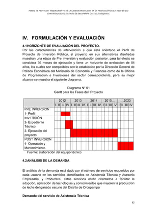 PERFIL DE PROYECTO: “MEJORAMIENTO DE LA CADENA PRODUCTIVA EN LA PRODUCCIÓN DE LÁCTEOS EN LAS
COMUNIDADES DEL DISTRITO DE ORCOPAMPA-CASTILLA-AREQUIPA”.
92
IV. FORMULACIÓN Y EVALUACIÓN
4.1HORIZONTE DE EVALUACIÓN DEL PROYECTO.
Por las características de intervención a que está orientado el Perfil de
Proyecto de Inversión Pública, el proyecto en sus alternativas diseñadas
muestran una etapa de Pre Inversión y evaluación posterior, para tal efecto se
considera 36 meses de ejecución y tiene un horizonte de evaluación de 04
años, los cuales son compatibles con lo establecido por la Dirección General de
Política Económica del Ministerio de Economía y Finanzas como de la Oficina
de Programación e Inversiones del sector correspondiente, para su mejor
alcance se muestra el siguiente diagrama.
Diagrama N° 01
Gantt para las Fases del Proyecto
2012 2013 2014 2015… …2023
I II III IV I II III IV I II III IV I II III IV I II III IV
PRE INVERSION
1- Perfil
INVERSIÓN
2- Expediente
Técnico
3- Ejecución del
proyecto
POST INVERSION
4- Operación y
Mantenimiento.
Fuente: elaboración del equipo técnico
4.2ANÁLISIS DE LA DEMANDA
El análisis de la demanda está dado por el número de servicios requeridos por
cada usuario en los servicios identificados de Asistencia Técnica y Asesoría
Empresarial y Productiva, estos servicios están orientados a facilitar la
adopción, aplicación de tecnologías y conocimientos que mejoren la producción
de leche del ganado vacuno del Distrito de Orcopampa
Demanda del servicio de Asistencia Técnica
 
