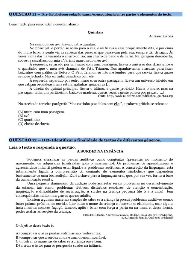 Prova de Língua Portuguesa conforme Descritores da Prova 